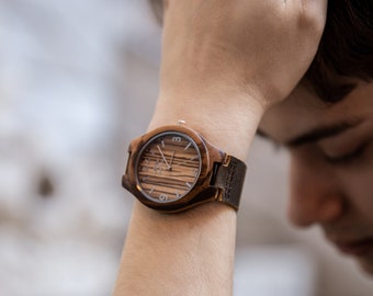 Engraved Zebrawood Men’s Watch With Brown Leather Band,Engrave watch,Personalized wood watch,Wood watch,Wooden watch,Men watch,Watch (W141)