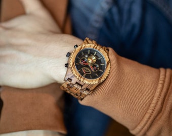 Gravierte Automatische Zebrano-Holz Herrenuhr mit roten Zeigern und Zebrano-Holz Armband, personalisierte Holz Uhr(W051)