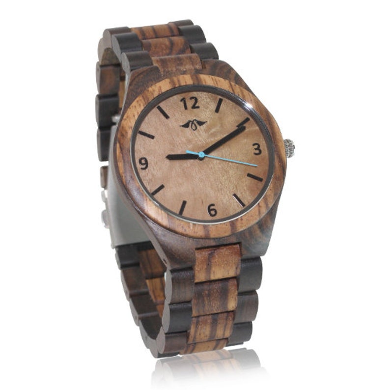May include: A wooden wristwatch with a brown wood band and a light brown face. The watch face has black numbers and a blue second hand.
