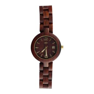 May include: A dark brown wooden wristwatch with a gold face and hands. The watch has a 12-hour clock face with Roman numeral markings.