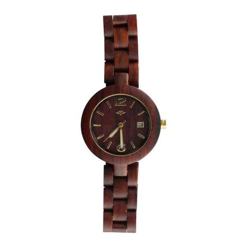 May include: A dark brown wooden wristwatch with a gold face and hands. The watch has a 12-hour clock face with Roman numeral markings.