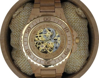 Engraved Maple Wood Automatic Men's Watch With Maple Wood Bracelet,Automatic Wood watch,Wood Watch,Groomsman Gift,Men watchW126)