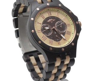 Reloj de hombre de ébano grabado con brazalete de ébano y arce, reloj de madera, reloj de hombre, reloj (W108)