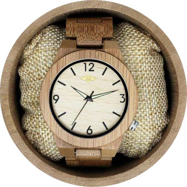 Montre homme en bambou gravé avec cadran en bambou pâle, montre en bois, montre bois personnalisée,montre homme,montre en bois Grooms (W037)