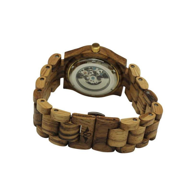 Reloj automático grabado de Zebrawood para mujer con esfera dorada y marcadores, reloj automático de madera W116 imagen 6