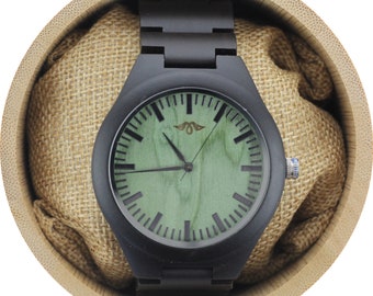 Gravierte Ebenholz Herrenuhr mit Ebenholz-Armband und grünem Bambus Ziffernblatt, personalisierte Holz Uhr(W077)