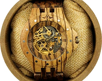 Zebrawood pour Homme avec Mains Or et Bande Zebrawood, Montre Automatique En Bois, Montre En Bois, Montre En Bois Personnalisée,(W051)