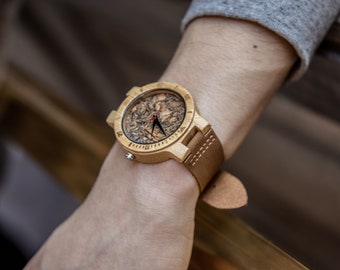 Engraved Creative Simple Wood Watches, Men's Watch Cork Slag/Broken Leaves Face Wrist Watch Original Wooden Bamboo Men Clock,Cork watch