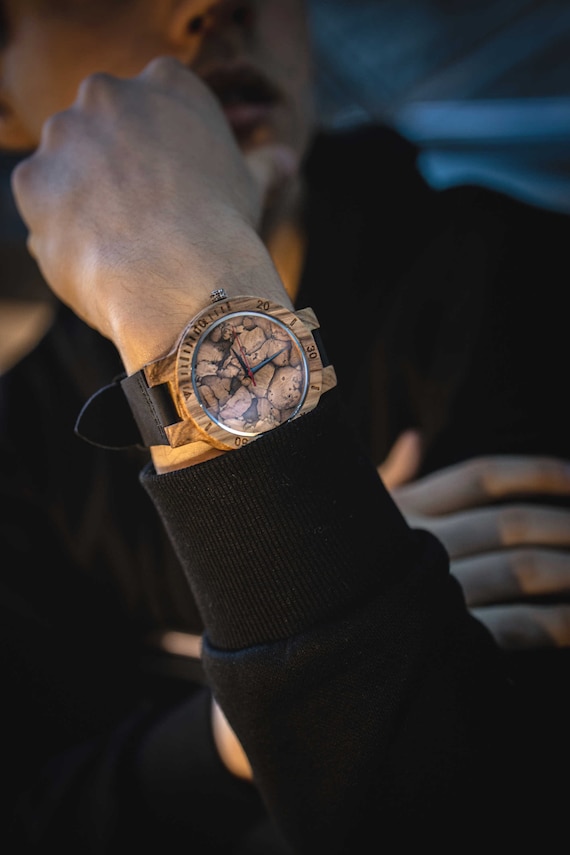Creative Simple Wood Watches, Men's Watch Cork Slag/Broken Leaves Face Wrist Watch Original Wooden Bamboo Men Clock,Cork watch,Marble watch