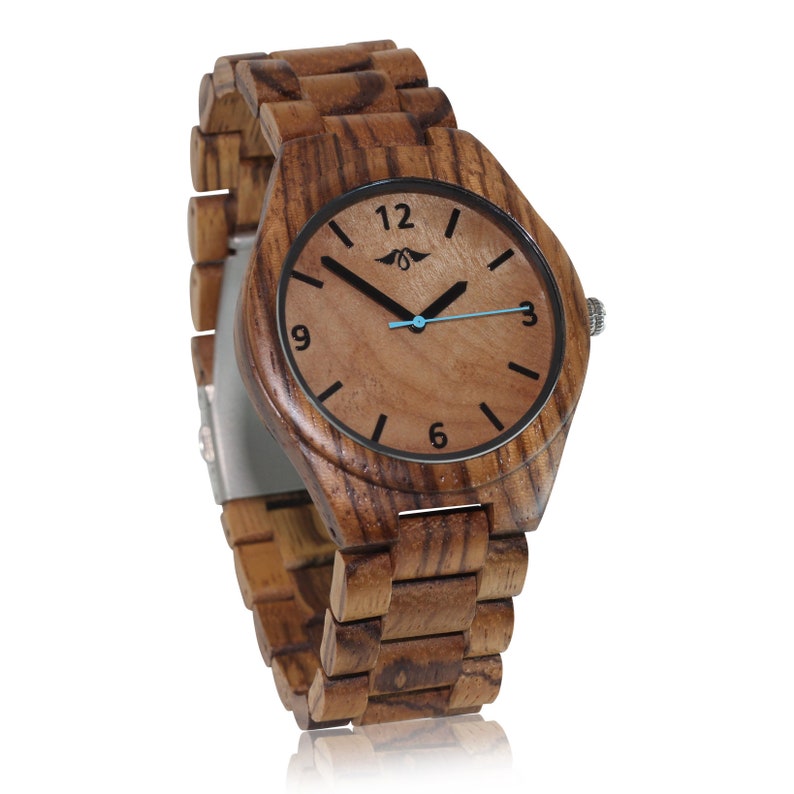 May include: A wooden wristwatch with a brown wood band and a round face. The face has black numbers and a blue second hand.