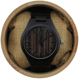 Engraved Ebony Men’s Watch With Zebrawood Dial and Ebony Bracelet,Wood Watch,Personalized Wood Watch,Men Watch,Fiance Wood Watch (W042)