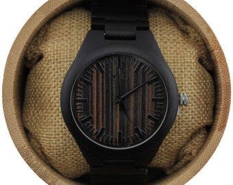 Montre homme ébène gravée avec cadran zébré et bracelet ébène, montre en bois, montre en bois personnalisée,montre homme,montre Fiance(W042)