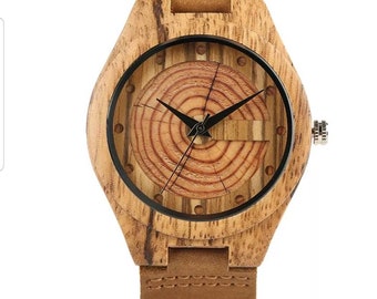 Gegraveerde Walnut Herenhorloge met Walnut Dial en lederen band, houten horloge, herenhorloge, horloge (W099)