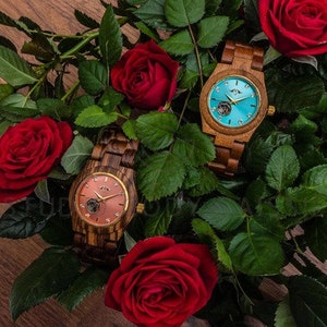 Reloj automático grabado de Zebrawood para mujer con esfera dorada y marcadores, reloj automático de madera W116 imagen 9