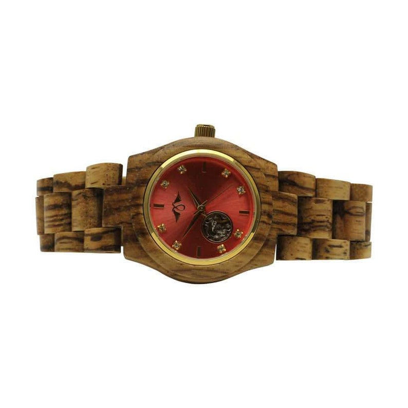 Reloj automático grabado de Zebrawood para mujer con esfera dorada y marcadores, reloj automático de madera W116 imagen 7