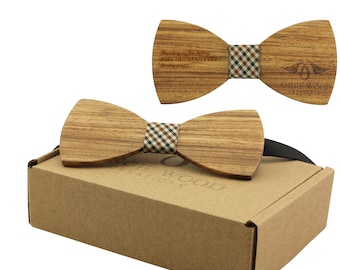 Engraved Adult-Sized Large Round Wooden Bow Tie with Plaid Fabric Centre (B0034),Wood Bowtie,Bowtie,Men bowtie,Wood Tie,Wedding Bowtie