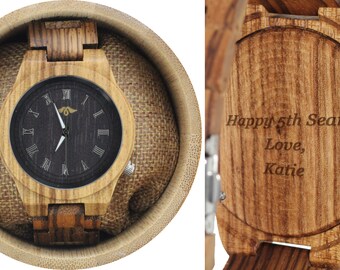 Montre zebrawood pour homme gravée avec cadran noir et bracelet zebrawood, montre en bois, montre pour homme (W072)