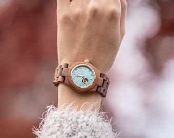 Gravado Relógio Automático Zebrawood para Mulher com Mostrador em Ouro e Marcadores, Relógio Automático em Madeira, Relógio Automático(W117)