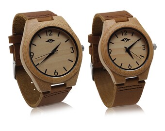 Gegraveerde Bamboe paar horloge met bruin lederen band, mannen en vrouwen houten horloge, paar kijken, paar cadeau, Valentijn cadeau