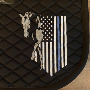 Custom police Thin Blue Line Flag and horse - Horse DRESSAGE saddle pad