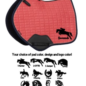 May include: A coral-coloured saddle pad with a black trim and a black horse and rider silhouette. The pad has a quilted pattern and the name "Savannah" is written below the horse. The image also shows various horse design options.