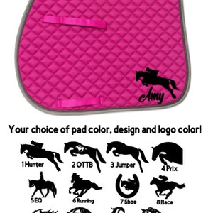 May include: Pink quilted horse saddle pad with a black silhouette of a horse jumping over a fence and the name "Amy" in black text.  The image shows 12 different horse designs to choose from for customization.