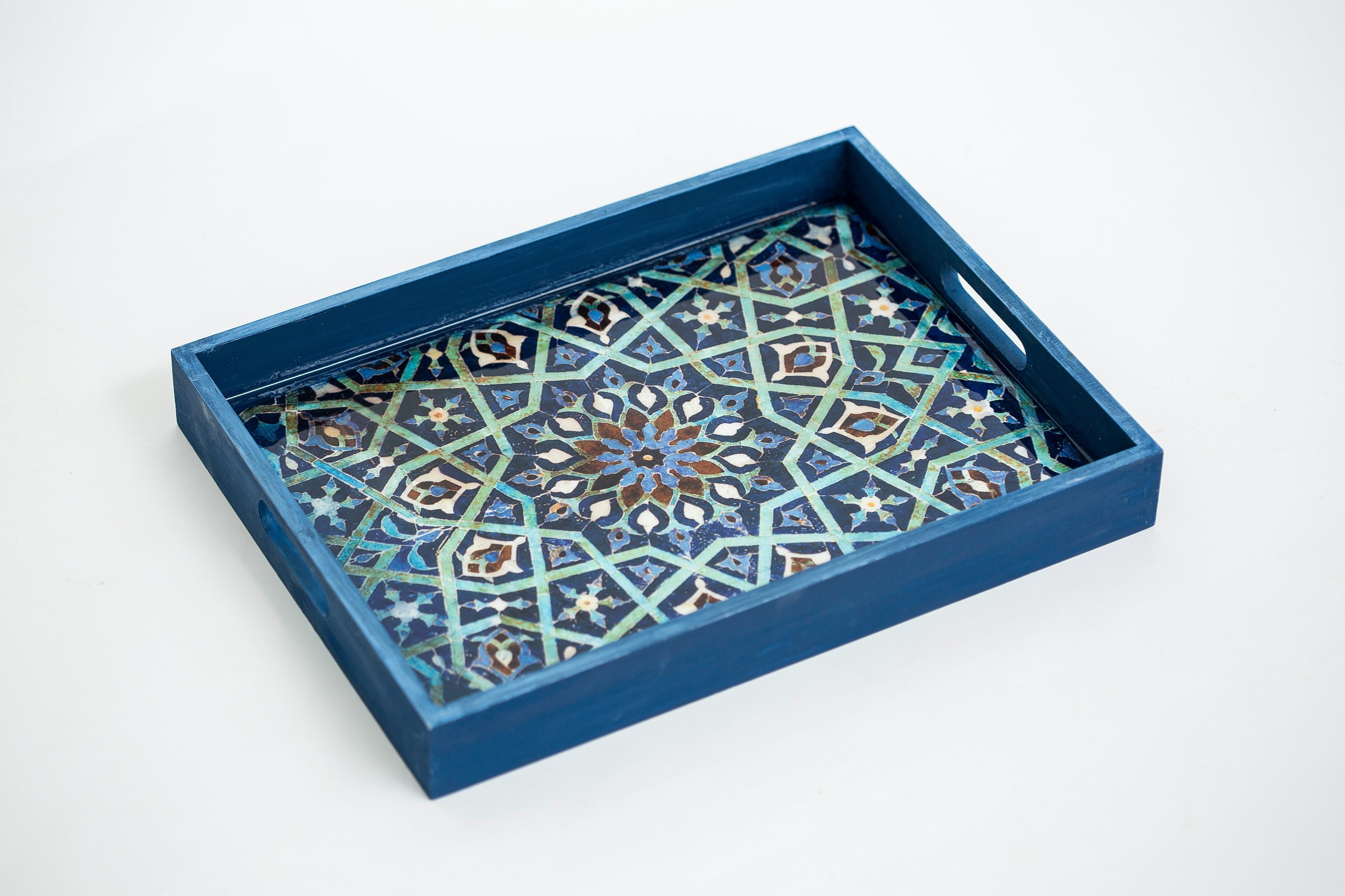 Persian Handmade Serving Tray Vintage Wooden Serving Tray with Handles Bohemian Decor Handmade Christmas Gifts Breakfast Tray - Blue