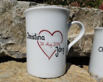 Coffee mug for wedding with names of porcelain, date, name and heart