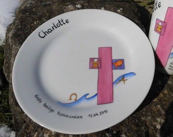 Communion/Confirmation Plate with simple cross, porcelain, hand-painted