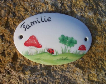 Door sign with lucky mushroom and clover hand-painted on porcelain, weatherproof