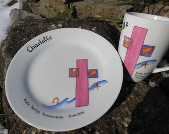 Communion/confirmation cup and plate made of porcelain, hand painted, baptism