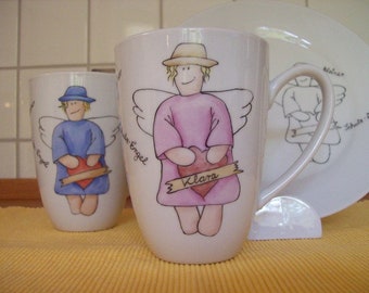 Coffee mug with guardian angel and name made of porcelain, hand-painted in desired color