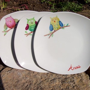 Children's Plate with a colourful owl and a name made of porcelain, hand painted in desired colour image 1