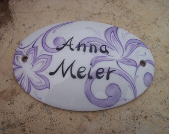 Porcelain doorplate hand painted with purple background flowers