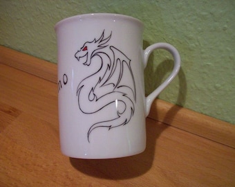 Porzellan Tasse mit Drachen und Namen handgemalt