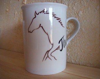 Coffee mug with horse and name hand-painted on porcelain