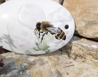 Door sign with porcelain bee, hand painted with name, weatherproof