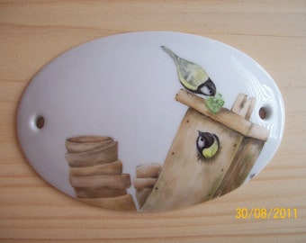 Door sign with tits hand-painted on porcelain, 11 x 7 cm, bell, front door, name