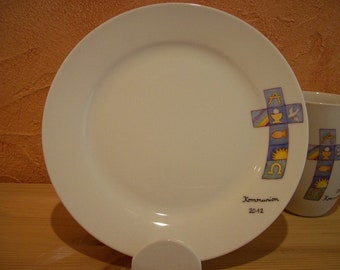 Communion/Confirmation Porcelain plate hand-painted with Christian motifs, baptism,