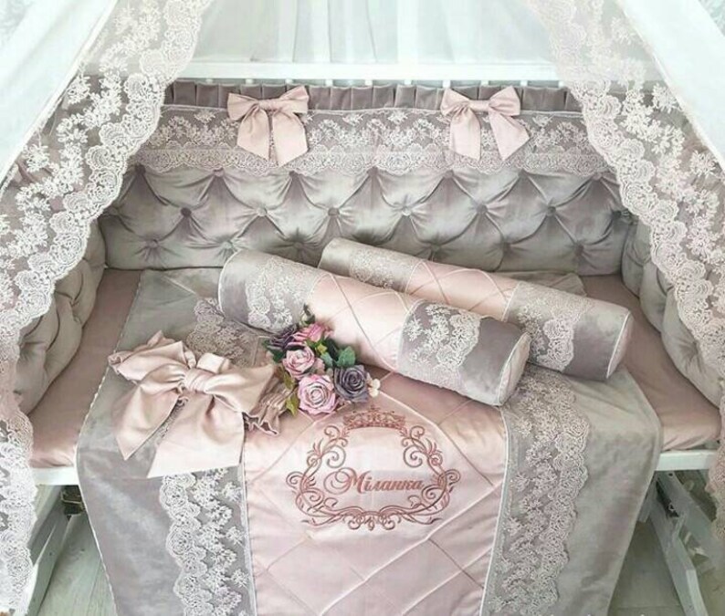 Lovely Girl Bedding Crib For Princess Pink And Gray Velvet Etsy