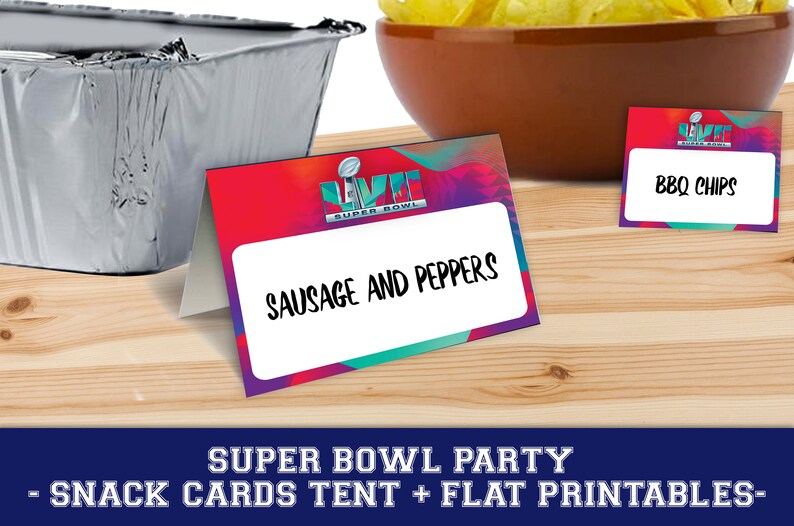 Superbowl Printables Super Bowl Food Labels Print At Home Super Bowl Printables Football Party Snack cards menu Super Bowl