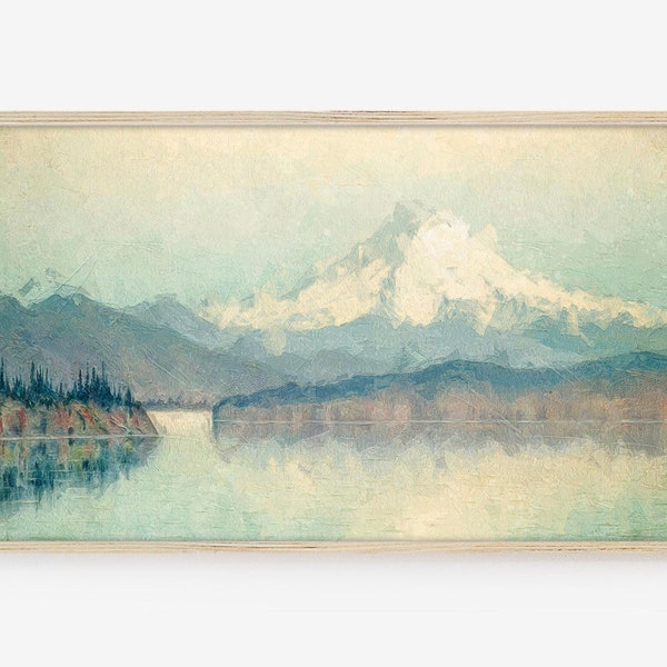 Frame TV Art, Samsung Frame TV Art, Digital Download, Mt Rainier, seascape, mountain, landscape, oil painting, vintage, lake, washington