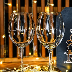 Engraved Wine Glasses Set in Custom Wood Box – Monogrammed Stemware Gift for Wedding, Anniversary, Housewarming or Milestone Celebration