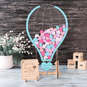 Alternativa personalizada para livro de visitas de casamento com balão de ar quente – Placa de caixa de depósito de madeira e lembrança de viagem para casamento rústico ou em destino