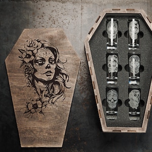 Sugar Skull Tequila Shot Glass Set Wooden Coffin Box Day of Dead Mezcal Gift Engraved Skull Shot Glasses Santa Muerte Gift