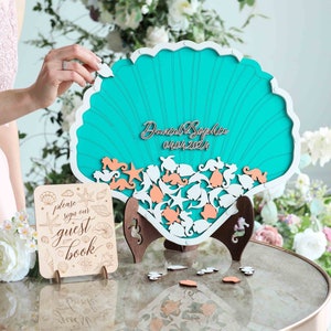 Libro de visitas de boda con conchas marinas, libro de visitas de madera en caja para bodas, alternativa al libro de visitas tropical, alternativa al libro de visitas con conchas marinas