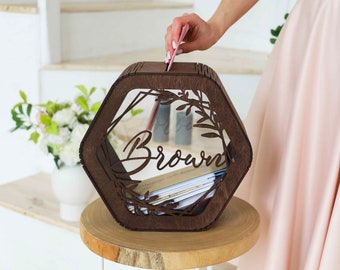 Decoración de boda rústica, buzón de correo de boda boho, caja de dinero de boda elegante, caja de tarjetas de madera y acrílico, caja de tarjetas de boda personalizada con ranura