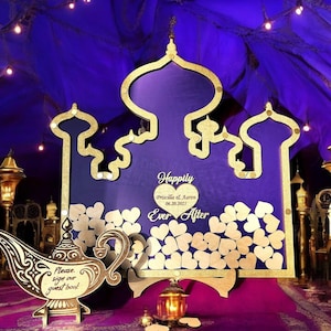 Alternativa al libro degli ospiti per matrimonio Arabian Castle - Lampada magica in legno, decorazione per feste da favola marocchina indiana con gettoni dei desideri