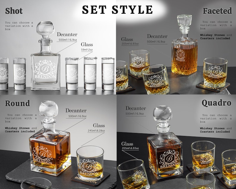 Personalisierte Gläser, Whiskey-Dekanter-Set, Weihnachtsgeschenk, Whiskey-Steine, Bourbon-Dekanter-Set, Whiskey-Gläser, Vatergeschenk, Geschenk für Ihn Bild 3