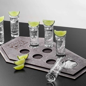 Engraved Mexican Shot Glass Set with Wooden Serving Board – Unique Santa Muerte Tequila Gift for Him, Boss or Dia de los Muertos